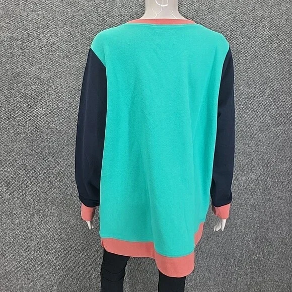 Lands End Heavy Cotton Sweatshirt 1X Plus Size Teal Colorblock Pullover Top - Picture 6 of 11